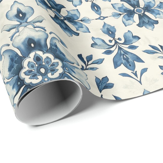 Papier Cadeau Dutch Floral Tile Gift Wrap, Delft Blue Pattern (Coin rond)