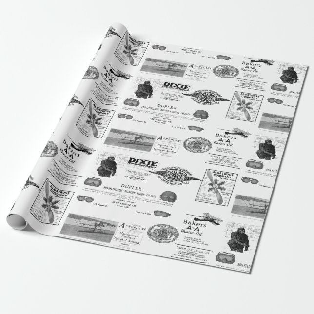 Papier Cadeau Early Aviation Airplane Biplane Wrapping Paper (Déroulé)
