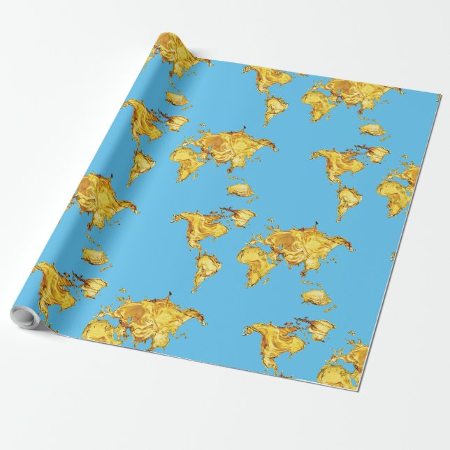 Papier Cadeau Earth Gold Continents Design Blue Sea (Déroulé)