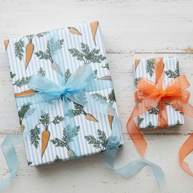 Papier Cadeau Easter Bunny Carrots & Blue Stripes (Cute Carrots & Green Leaves Vegetable Food Pattern Wrapping Paper for Easter and Vegan Themed Party)