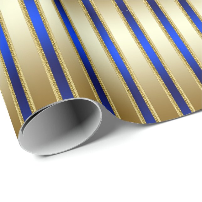 Papier Cadeau Éblouissant brillant or et Royal Blue Stripes (Coin rond)