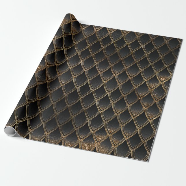 Papier Cadeau Écaille de dragon noir et or (Déroulé)