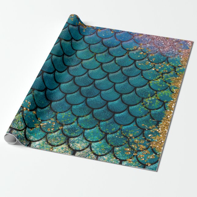 Papier Cadeau Écaille de Poisson Sirène Glam Turquoise Violet Or (Déroulé)