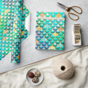 Papier Cadeau Écaille de sirène en feuille et paillettes dorées 