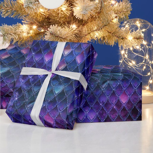 Papier Cadeau Écailles de Dragon Pailletées et Ombrées de Violet (Vacances)