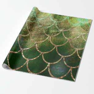 Papier Cadeau Écailles de poisson sirène scintillantes vert et o
