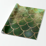 Papier Cadeau Écailles de poisson sirène vert et or scintillant<br><div class="desc">papier d'emballage personnalisé</div>