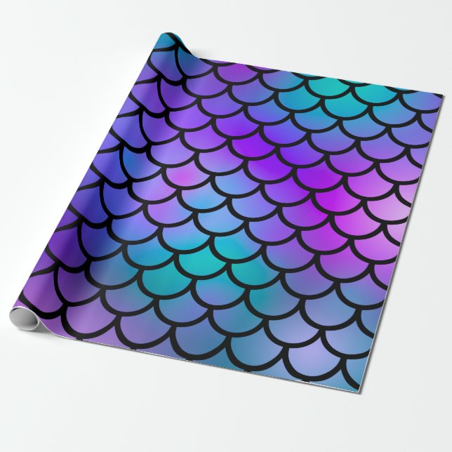 Papier Cadeau Écailles de sirène bleu violet rose sarcelle Poiss (Déroulé)