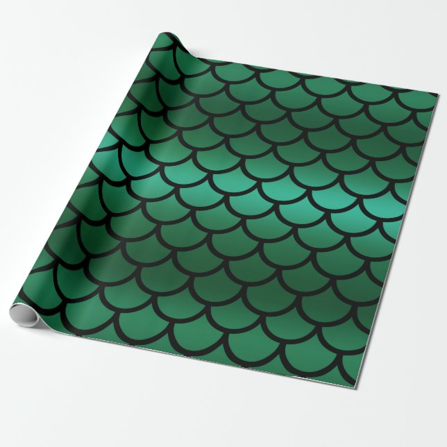 Papier Cadeau Écailles de sirène Green & Black Fantasy Fish (Déroulé)