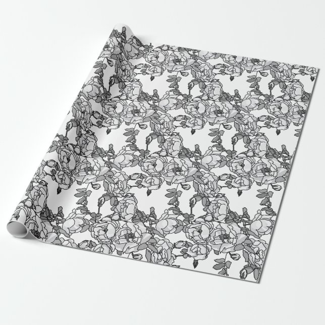 Papier Cadeau Échelle de gris de branche de rose (Déroulé)