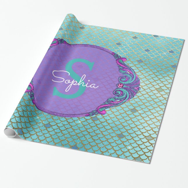 Papier Cadeau Échelle de sirène turquoise et violette Monogramme (Déroulé)