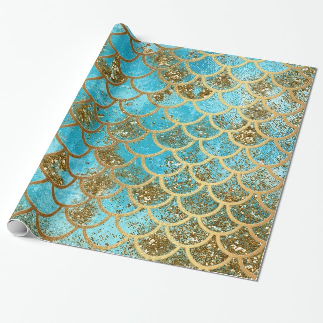 Papier Cadeau Échelles de poissons turquoises iridescentes de (Déroulé)