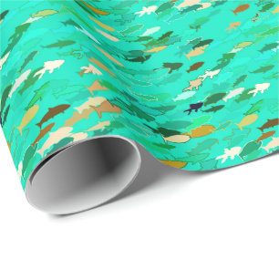 Papier Cadeau École de Poisson, Aqua, Vert et Or