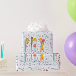 Papier Cadeau Écolières avec papeterie scolaire surdimensionnée