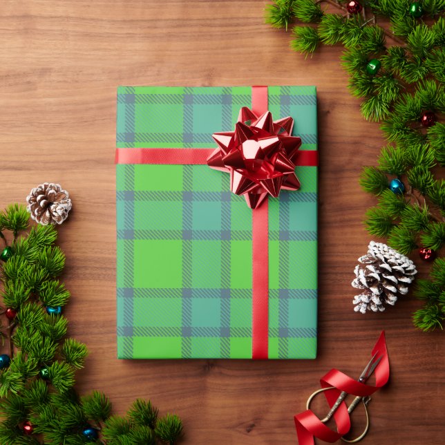 Papier cadeau écossais vert et bleu à carreaux (Cadeau de vacances)