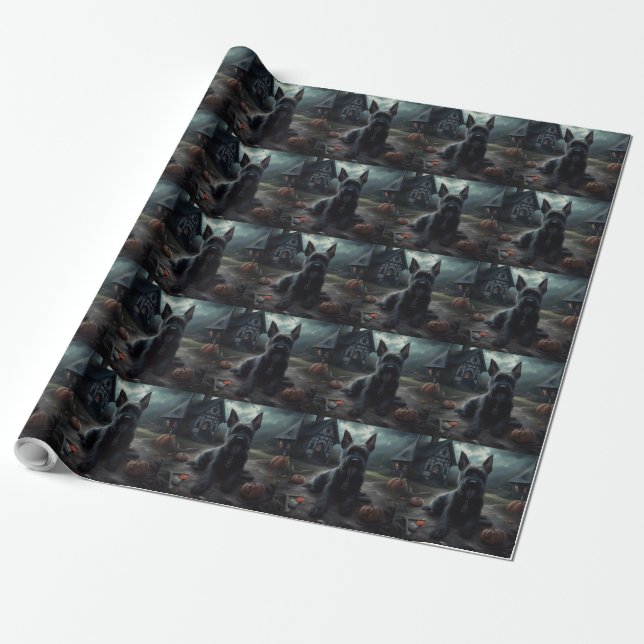 Papier Cadeau Ecosse Terrier Citrouille Halloween effrayant (Déroulé)