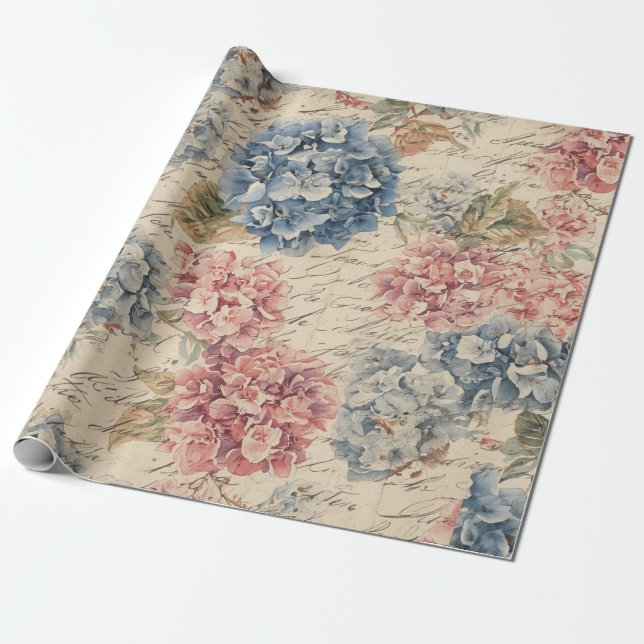 Papier Cadeau Écriture éphémère bleu antique et rose Hydrangea  (Déroulé)