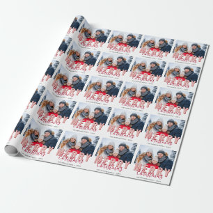 Papier Cadeau Écriture rose rouge Joyeux Noël Photo de famille