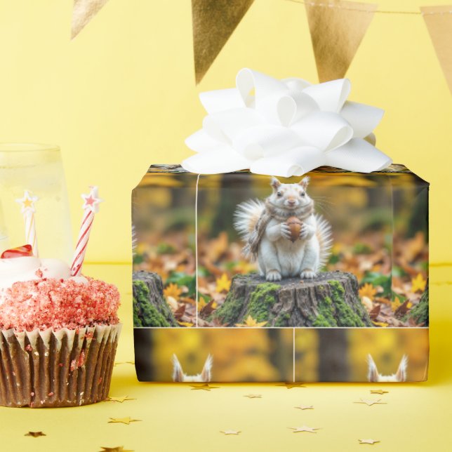 Papier Cadeau Écureuil blanc d'automne sur une souche d'arbre (Fête d'anniversaire)