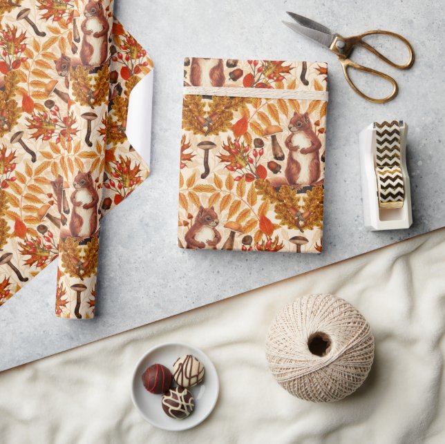 Papier Cadeau Écureuil d'automne sur blanc (Artisanat)