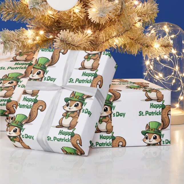 Papier Cadeau Écureuil de la Saint-Patrick avec Casquette vert (Vacances)
