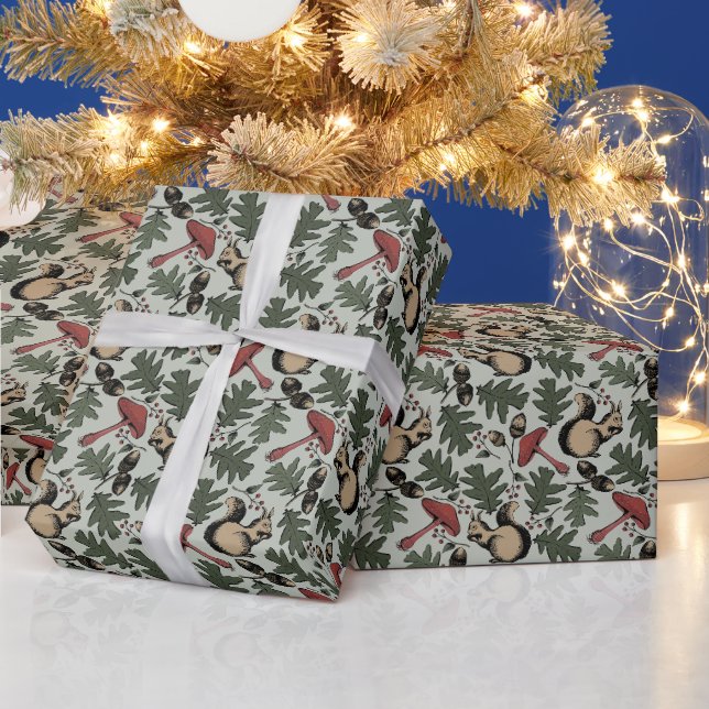 Papier Cadeau Écureuils de la Forêt Festive, Acorns & Champignon (Vacances)