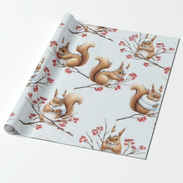 Papier Cadeau Écureuils d'hiver parmi les branches enneigées (Déroulé)