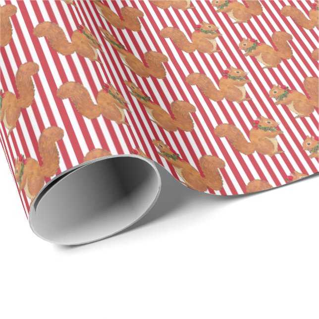 Papier Cadeau Écureuils et rayures de houx de vacances  (Coin rond)