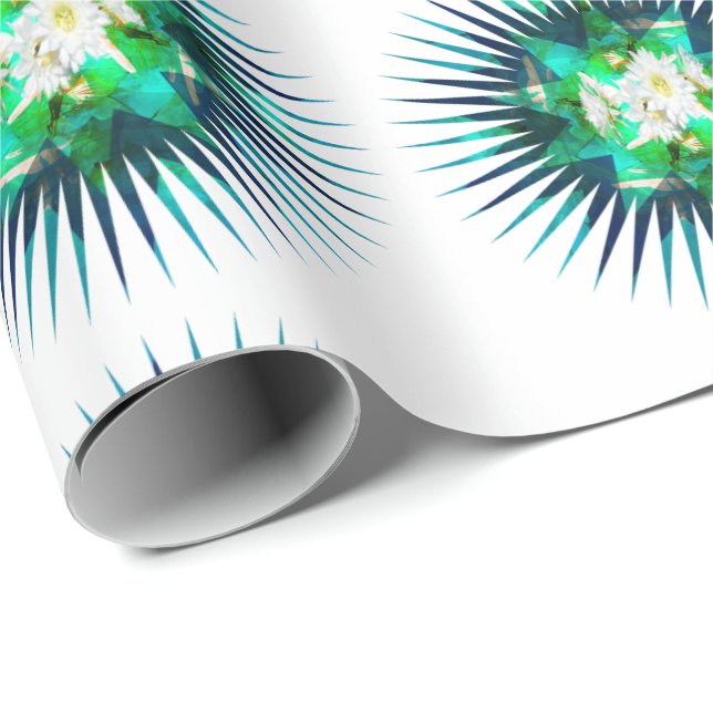 Papier Cadeau Effet de kaléidoscope à fleur Aqua Cactus, (Coin rond)