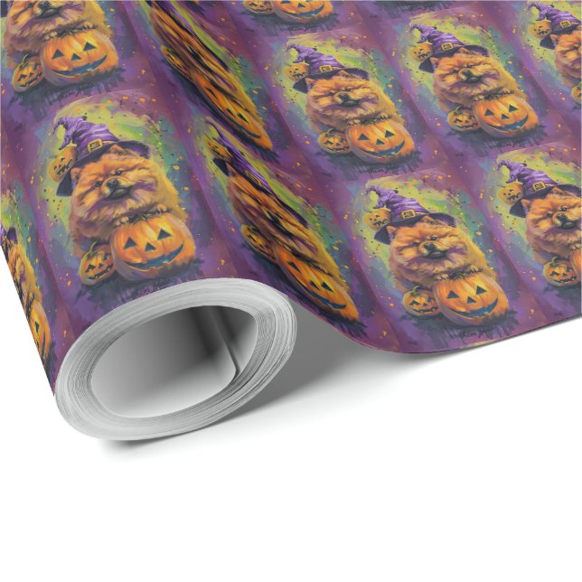 Papier Cadeau Éffrayant Chow Chow Chien Halloween sorcière et Ci (Coin rond)