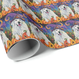 Papier Cadeau Éffrayant Grand Pyrénées Chien Halloween Citrouill