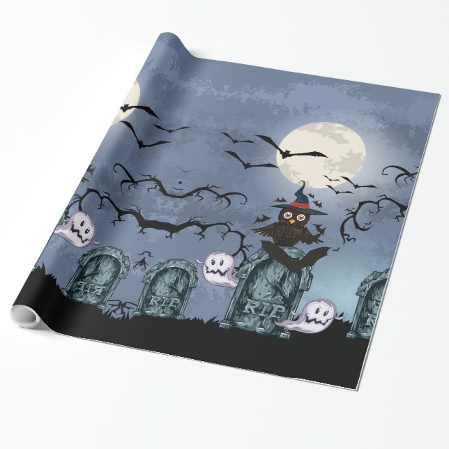 Papier Cadeau Éffrayant Halloween Graveyard Avec Chouette Dans U (Déroulé)