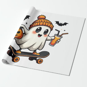 Papier Cadeau Éffrayant Halloween Patinage Citrouille Fantôme ép