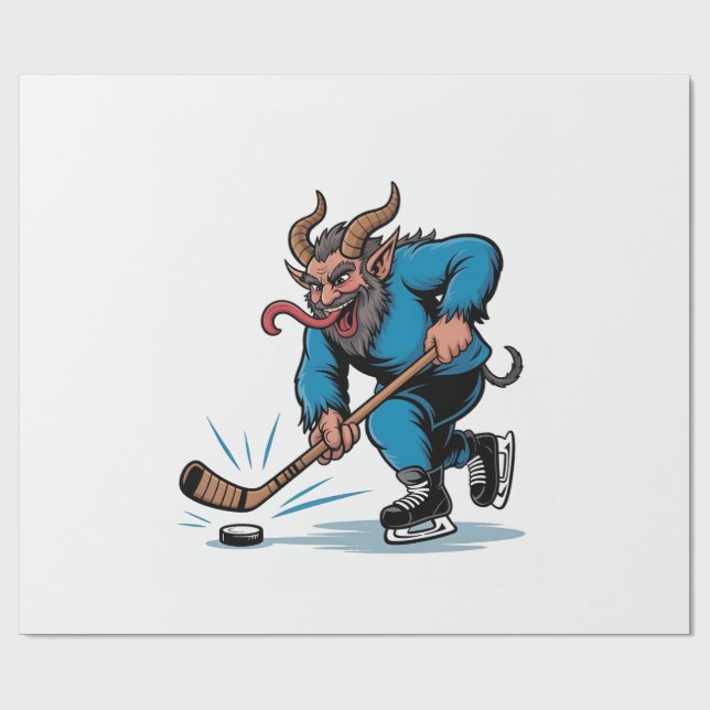 Papier Cadeau Éffrayant Krampus Jouer au hockey sur glace Noël (Plat)
