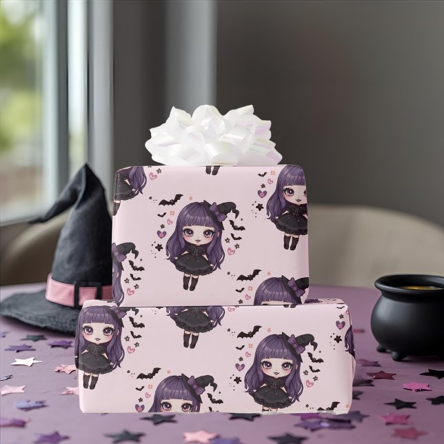 Papier Cadeau Éffrayant mignon rose sorcière rose motif (Spooky cute purple pink witchy girl pattern wrapping paper)