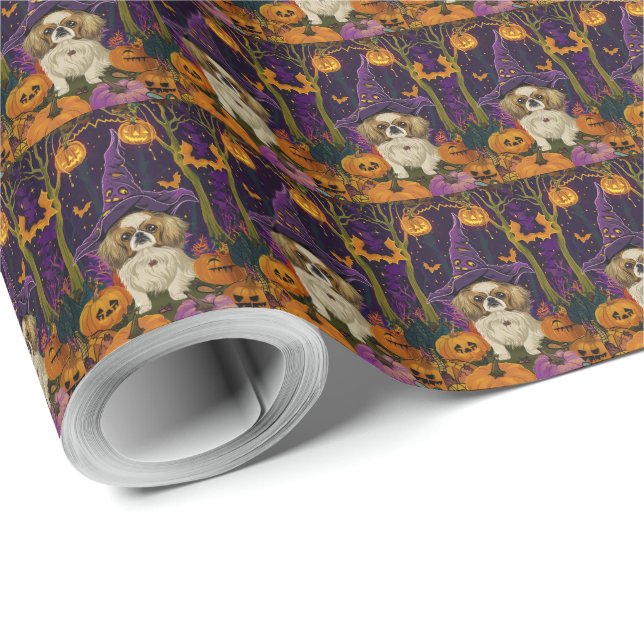 Papier Cadeau Éffrayant Pekingese Chien Halloween sorcière et Ci (Coin rond)