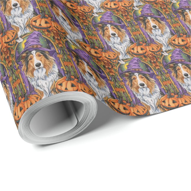 Papier Cadeau Éffrayant Rough Collie Chien Halloween Citrouille  (Coin rond)