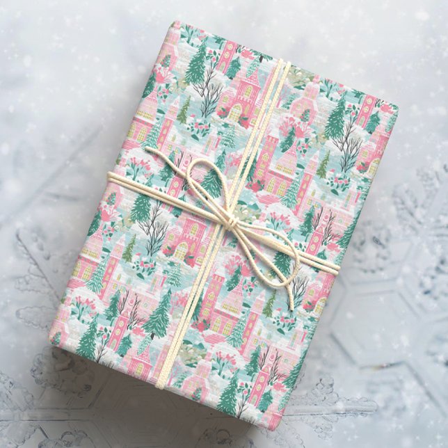 Papier Cadeau Eglises de Noël rose neige (Créateur téléchargé)
