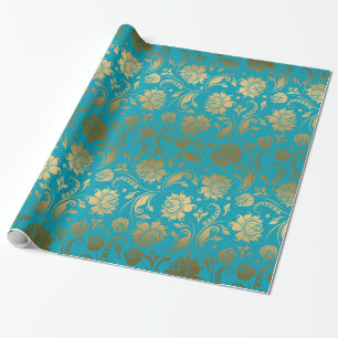 Papier Cadeau EGold & Turquoise Blue Floral Pattern