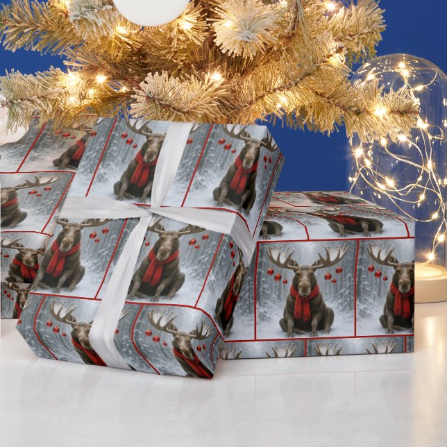 Papier Cadeau Élan de Noël dans une forêt enneigée (Vacances)