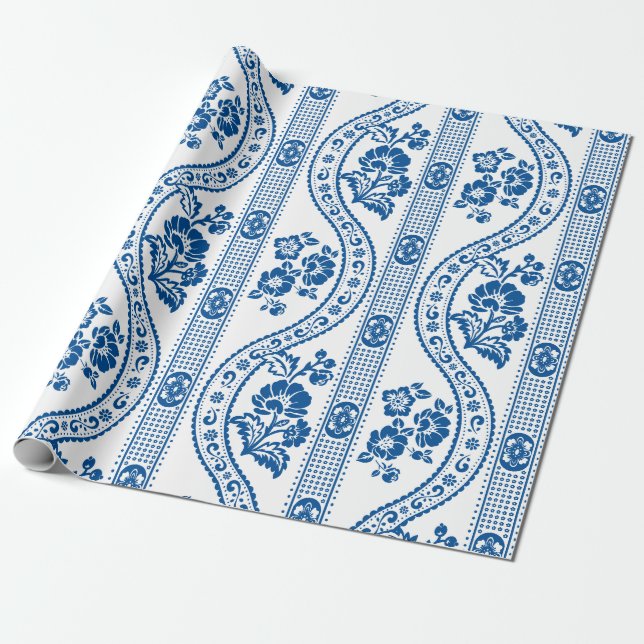 Papier Cadeau Élégance à rayures florales bleues (Déroulé)
