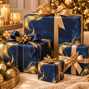 Papier Cadeau Élégance dorée de minuit bleu marine et or