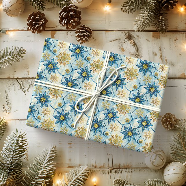 Papier Cadeau Élégance Givrée Flocon de Neige Bleu et Or (Créateur téléchargé)