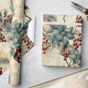 Papier Cadeau Élégance hivernale vintage, Baies rouges et fleurs
