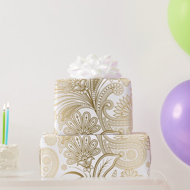 Papier Cadeau Elégance or et blanc vintage floral paisley motif (Cadeaux de fête)