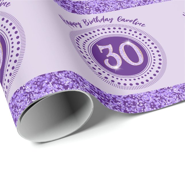 Papier Cadeau Elegant 30th Birthday Purple Glitter with Stripes (Coin rond)