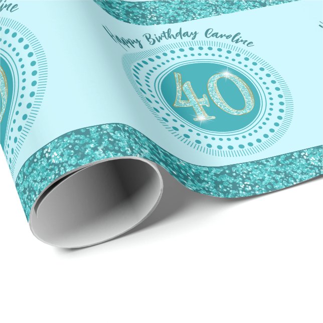 Papier Cadeau Elégant 40e anniversaire Turquoise Parties scintil (Coin rond)