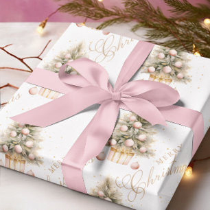 Papier Cadeau Elégant Aquarelle rose doux Joyeux Arbre de Noël