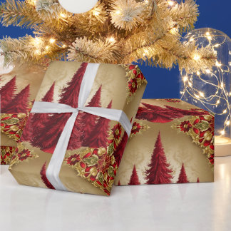 Papier Cadeau Élégant arbre de Noël rouge Joyeux or Motif de Noë