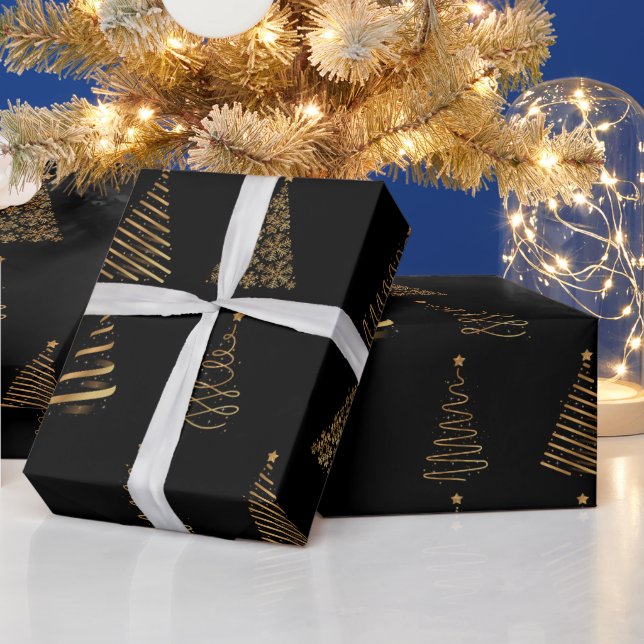 Papier Cadeau Elégant Arbres de Noël en or et noir (Vacances)